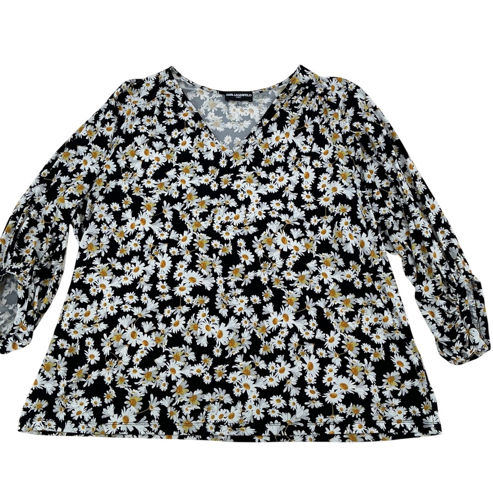 Karl Lagerfeld Paris Daisy Floral Blouse Women 2X Black White V-Neck Cottagecore